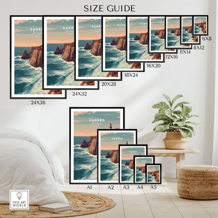 Sagres Poster - Wild Algarve Coastline View Print size guide for various frame dimensions and placement in a living space.
