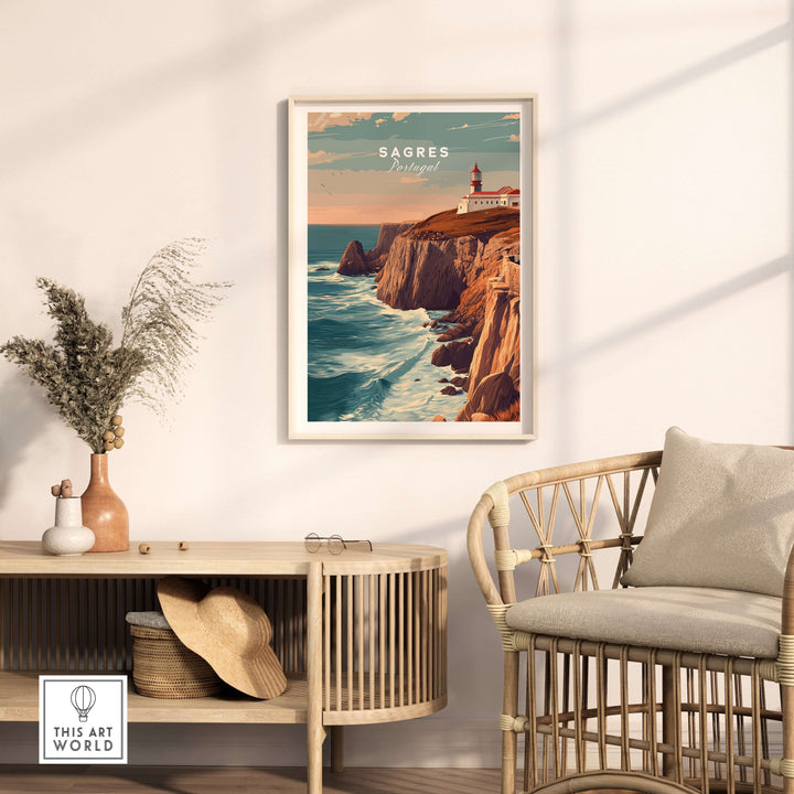 Sagres Poster - Wild Algarve Coastline View Print displayed in a stylish living room with coastal decor.