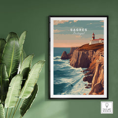 Sagres Poster - Wild Algarve Coastline View Print featured on a wall with green background and potted plant.