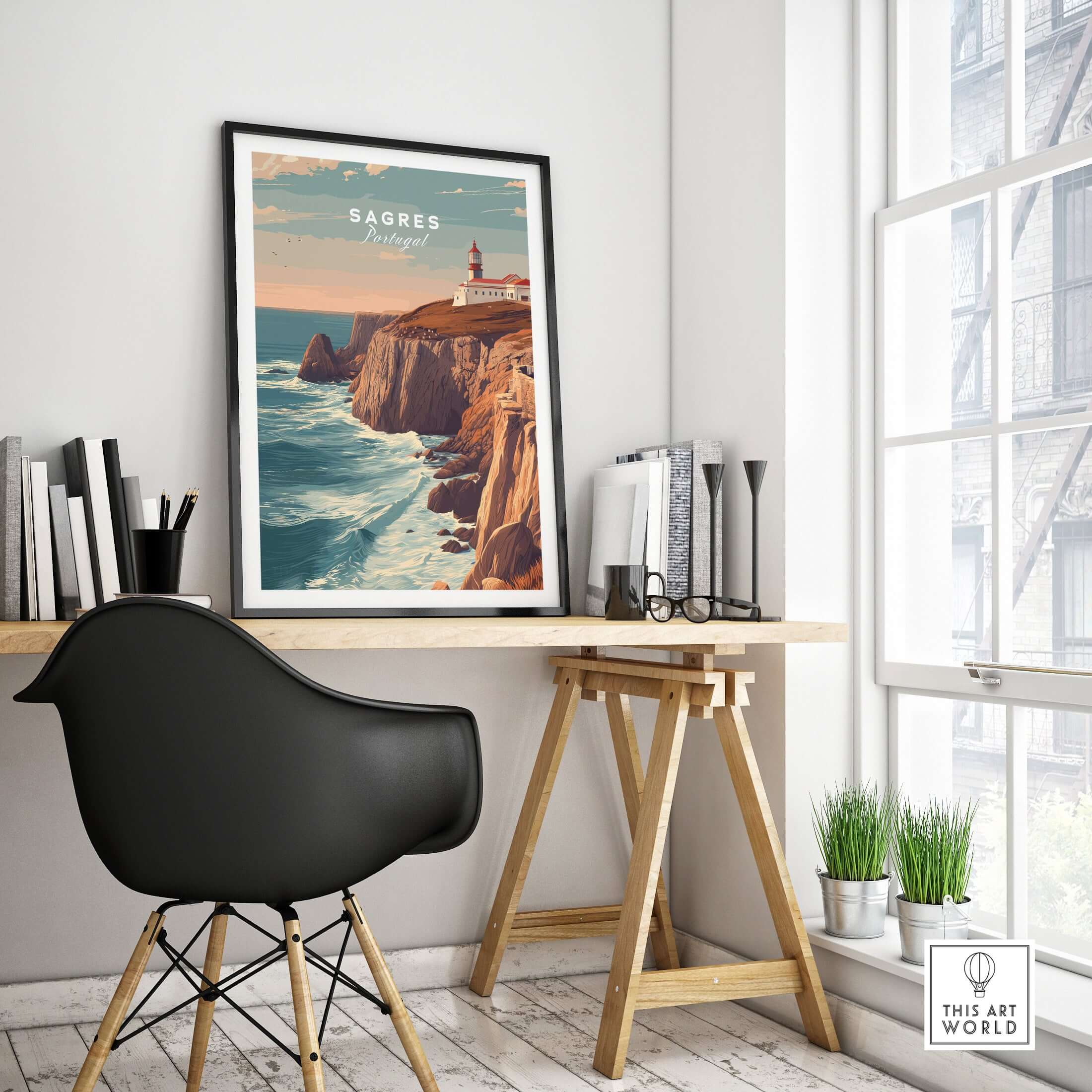 Sagres Poster - Wild Algarve Coastline View Print displayed in a stylish interior with a desk and chair.