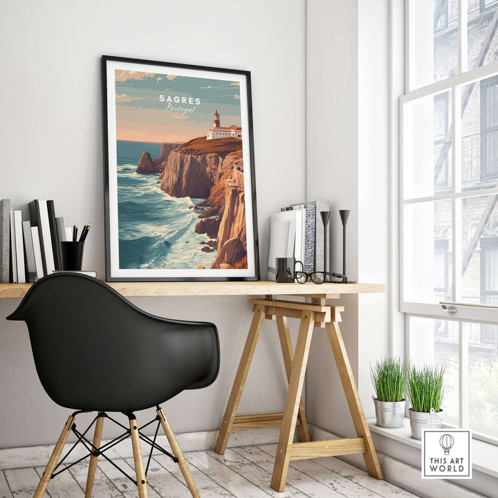 Sagres Poster - Wild Algarve Coastline View Print displayed in a stylish living space with modern decor.