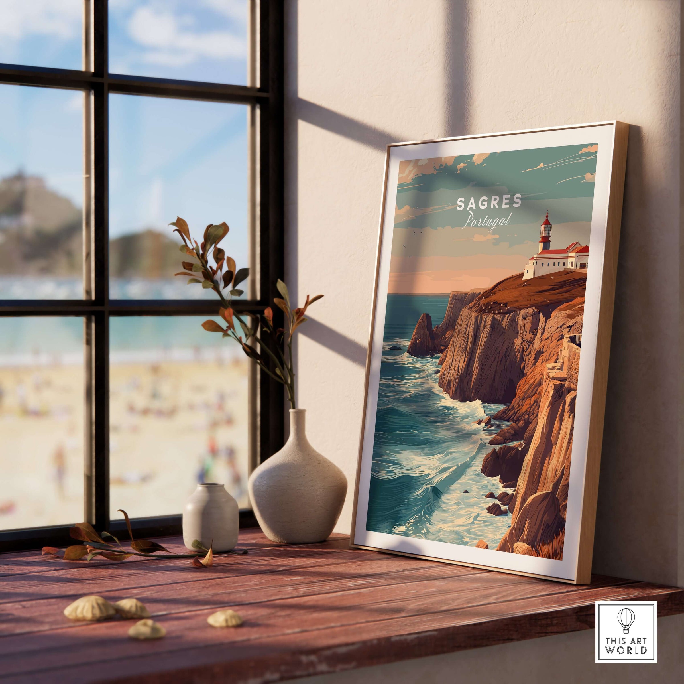Sagres Poster - Wild Algarve Coastline View Print in a stylish interior with a lighthouse and ocean view.