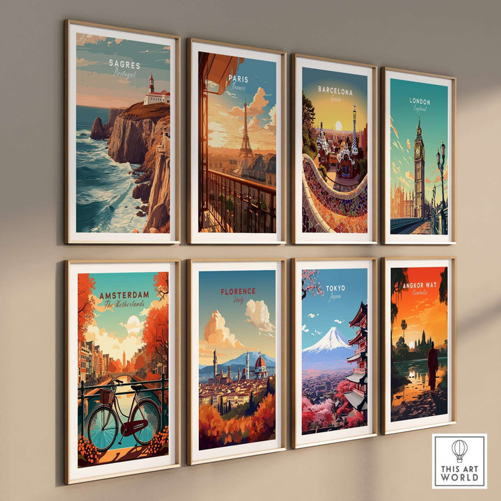 Sagres Poster - Wild Algarve Coastline View Print displayed among other city-themed art prints on a wall.