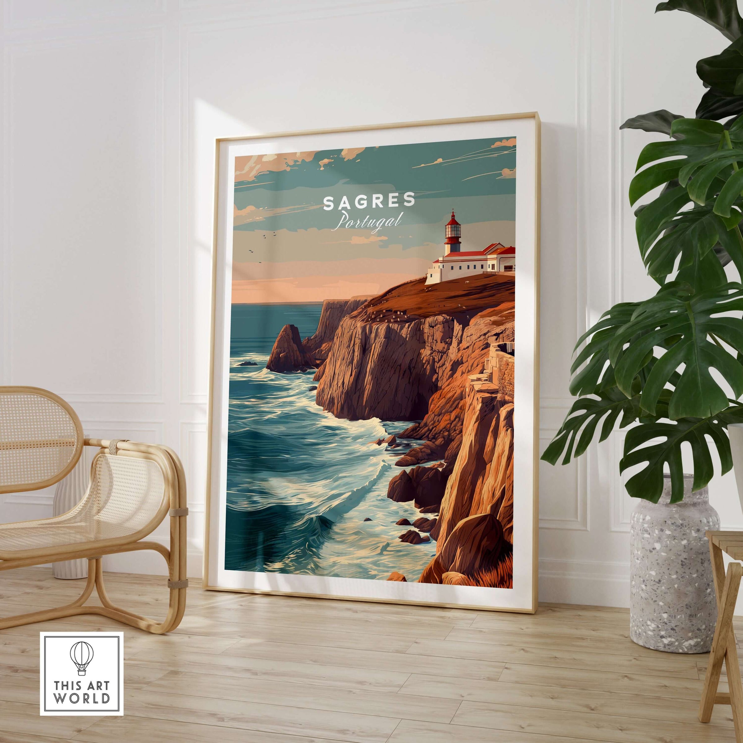 Sagres Poster - Wild Algarve Coastline View Print featuring dramatic cliffs and ocean waves in a stylish interior setting.