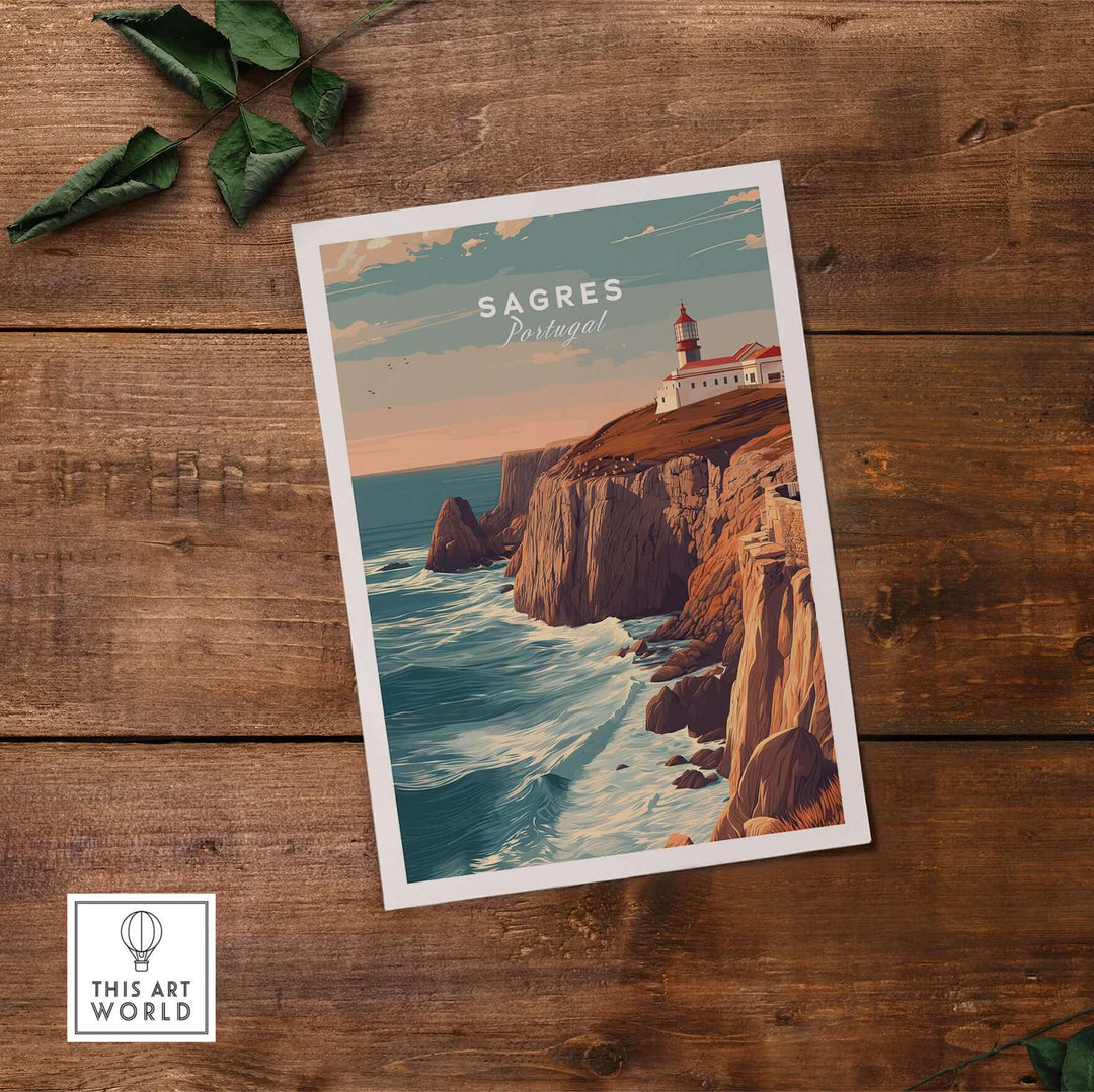 Sagres Poster - Wild Algarve Coastline View Print showcasing cliffs and waves in Portugal.