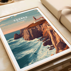 Sagres Poster - Wild Algarve Coastline View Print showcasing rugged cliffs and ocean waves of Sagres, Portugal.