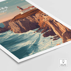 Sagres Poster - Wild Algarve Coastline View Print featuring cliffs and lighthouse with ocean waves in Portugal.