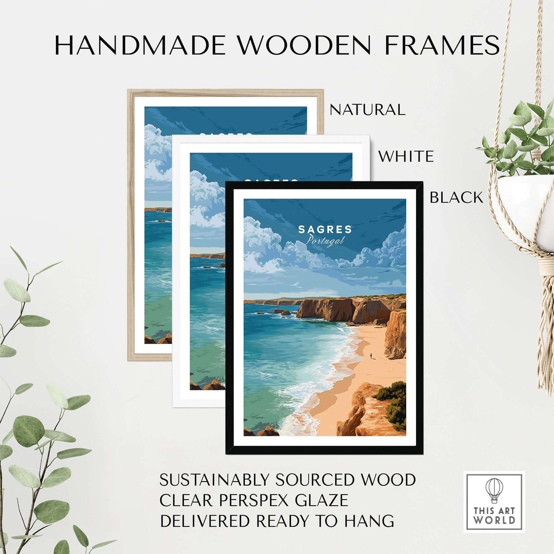 Sagres Praia da Baleeira Seascape Print | Portuguese Beach Poster framed in natural, white, and black handmade frames.