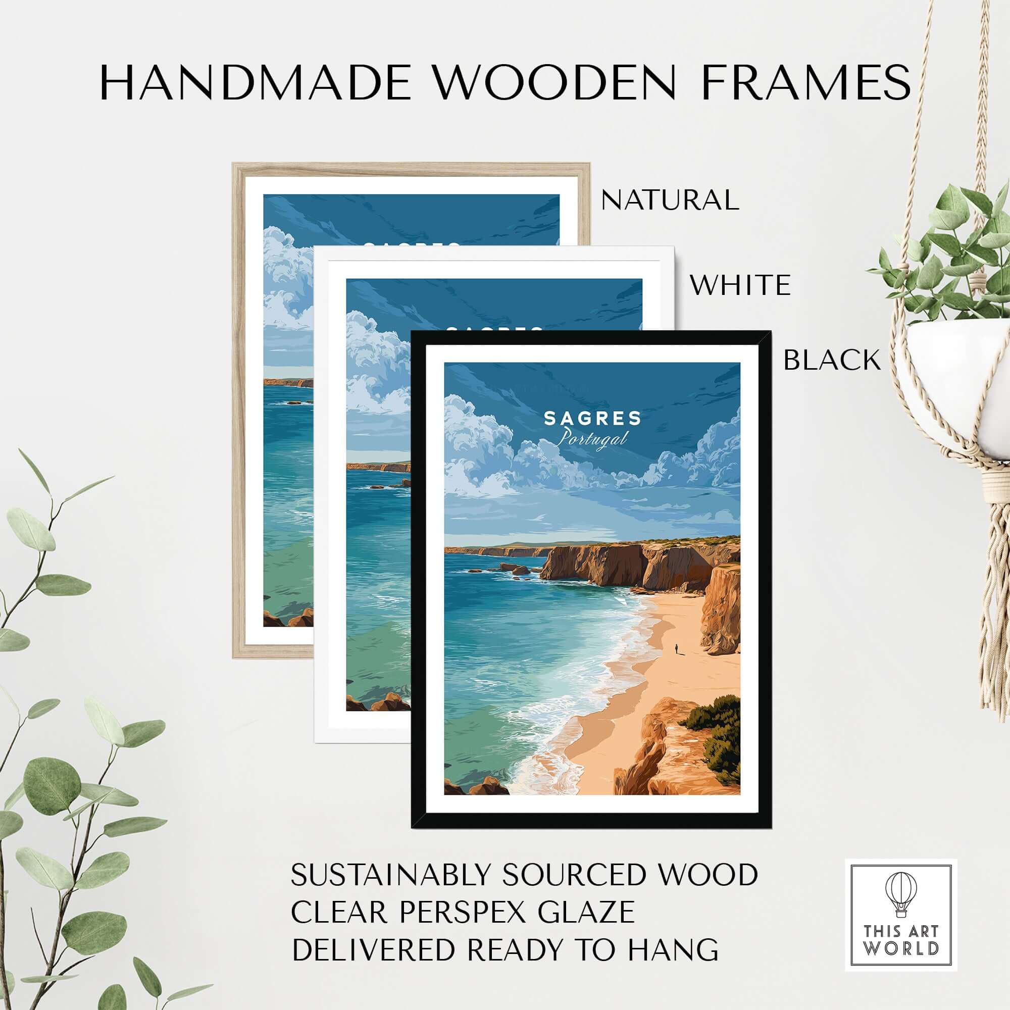 Handmade wooden frames in natural, white, and black showcasing Sagres Praia da Baleeira Seascape Print | Portuguese Beach Poster.