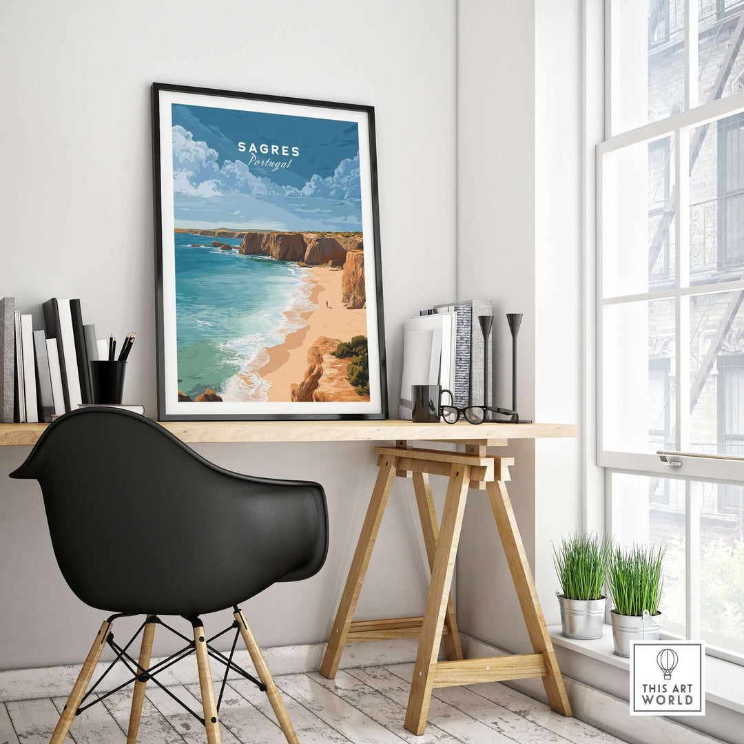 Sagres Praia da Baleeira Seascape Print | Portuguese Beach Poster displayed in a modern interior setting.
