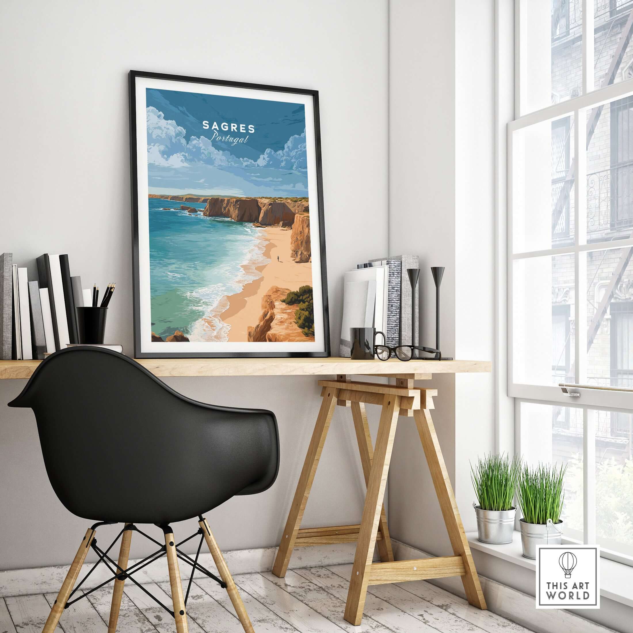 Sagres Praia da Baleeira Seascape Print | Portuguese Beach Poster displayed in a stylish home office setting.