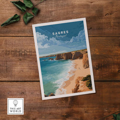 Sagres Praia da Baleeira Seascape Print | Portuguese Beach Poster on wooden surface with coastal scenery.