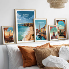 Sagres Praia da Baleeira Seascape Print | Portuguese Beach Poster framed among travel posters on a stylish wall.