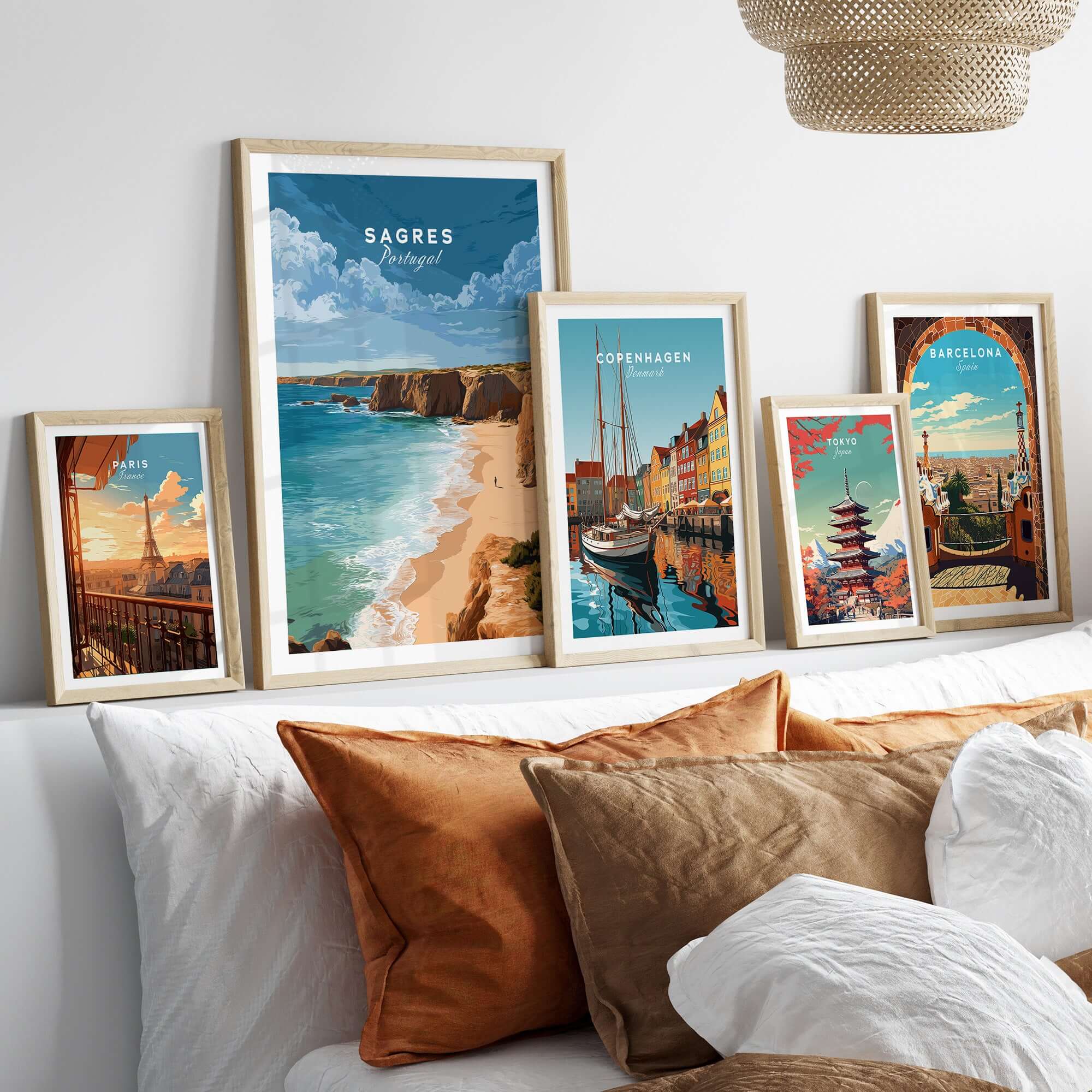 Sagres Praia da Baleeira Seascape Print | Portuguese Beach Poster framed among travel posters on a stylish wall.