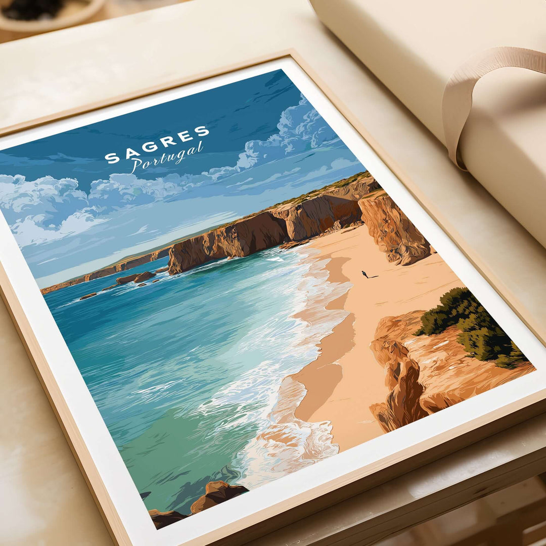 Sagres Praia da Baleeira Seascape Print | Portuguese Beach Poster showcasing coastal cliffs and serene beach.