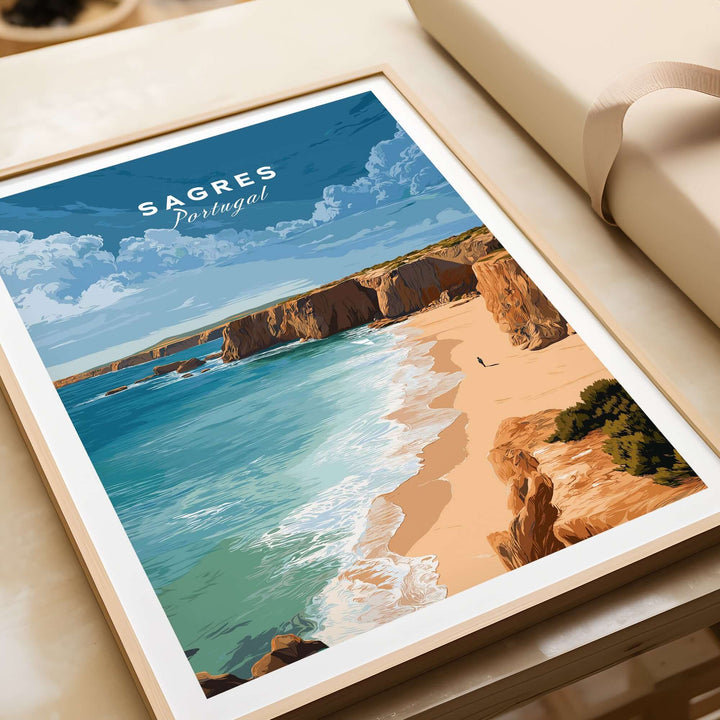Sagres Praia da Baleeira Seascape Print | Portuguese Beach Poster showcasing coastal cliffs and serene beach.