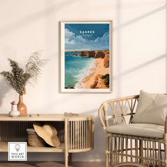 Sagres Praia da Baleeira Seascape Print | Portuguese Beach Poster framed on a wall with a stylish chair and decor.