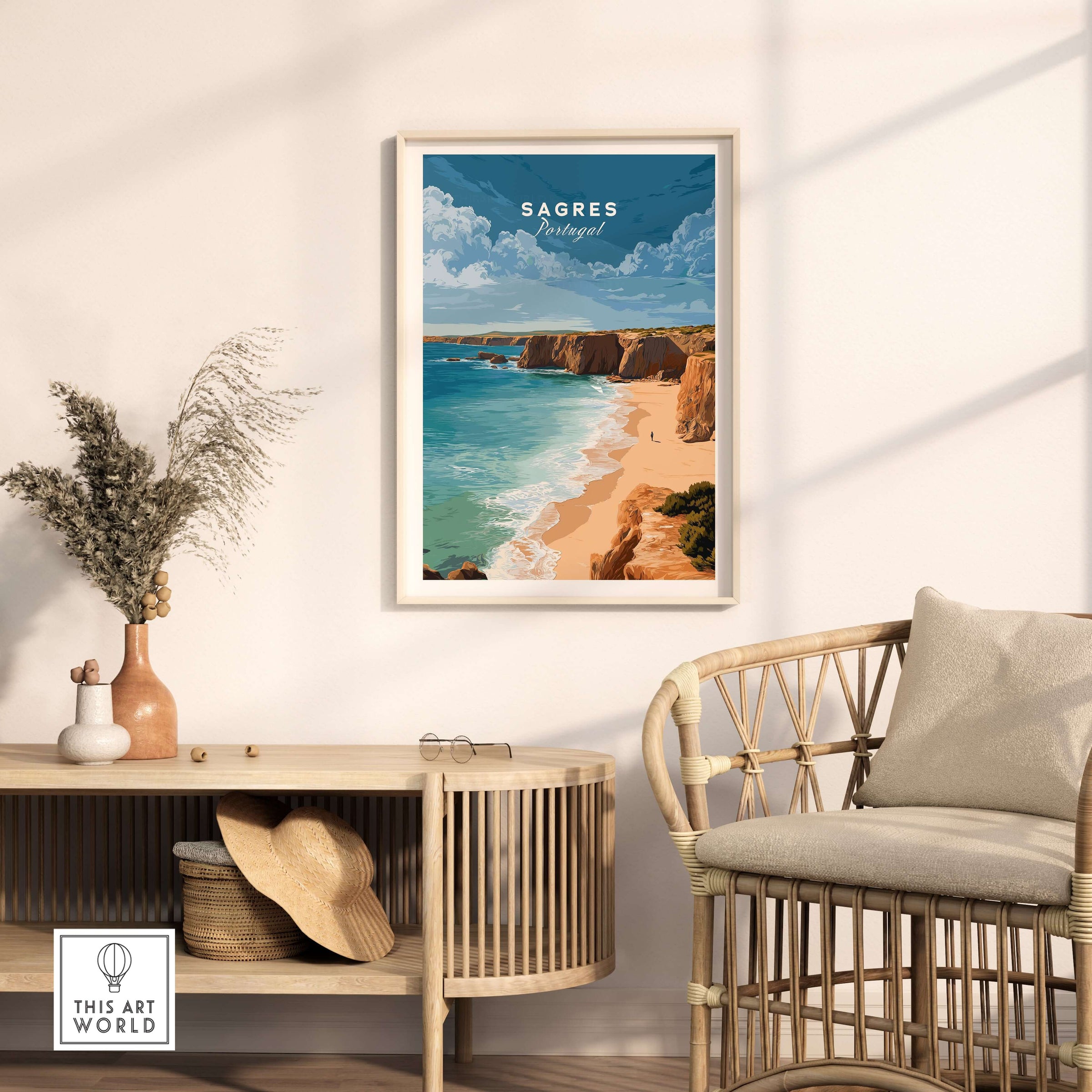 Sagres Praia da Baleeira Seascape Print | Portuguese Beach Poster framed on a wall with a stylish chair and decor.