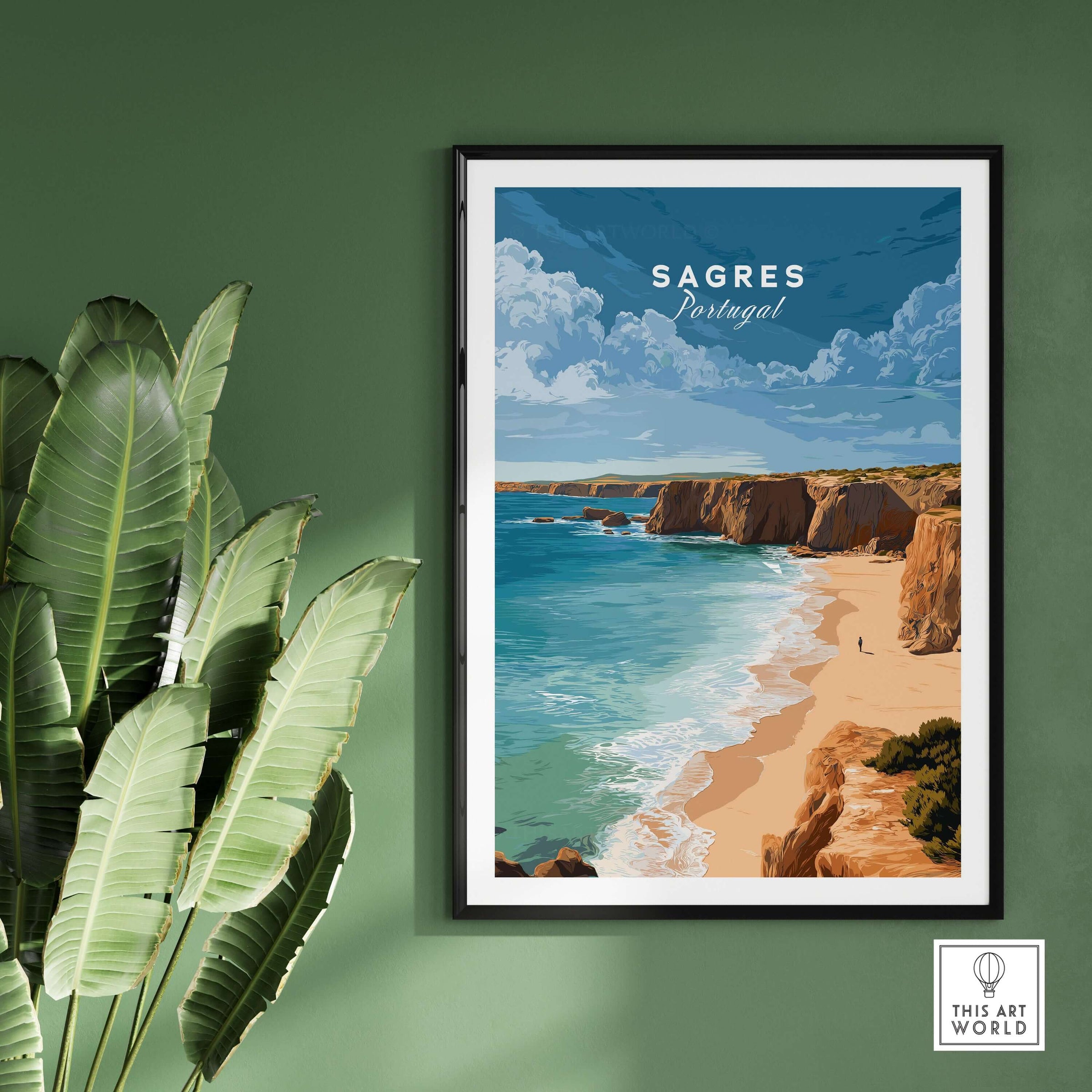 Sagres Praia da Baleeira Seascape Print | Portuguese Beach Poster framed on a green wall with plants.