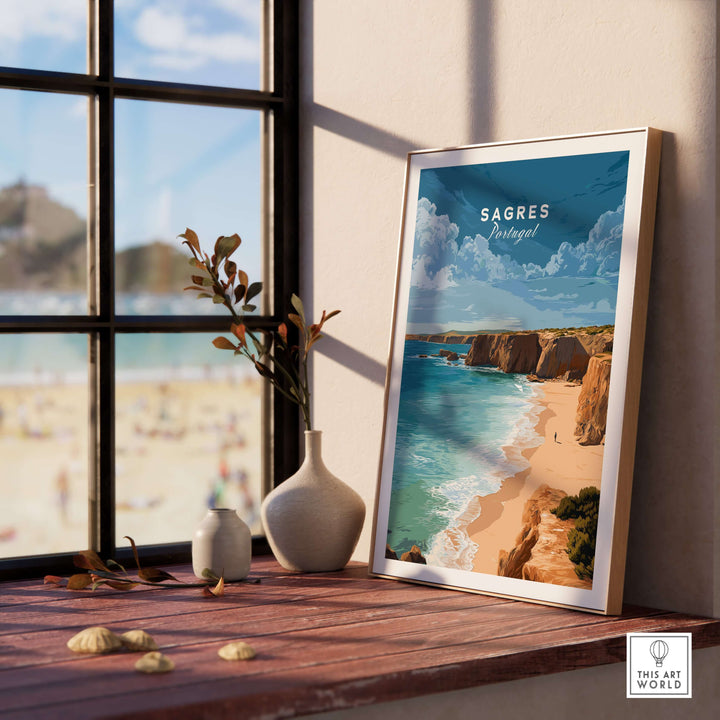 Sagres Praia da Baleeira Seascape Print | Portuguese Beach Poster displayed in a cozy room with beach view.