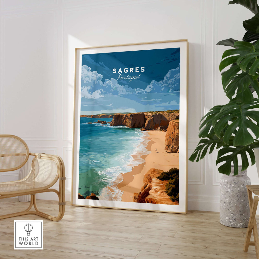 Sagres Praia da Baleeira Seascape Print | Portuguese Beach Poster displayed in a living room with coastal decor.
