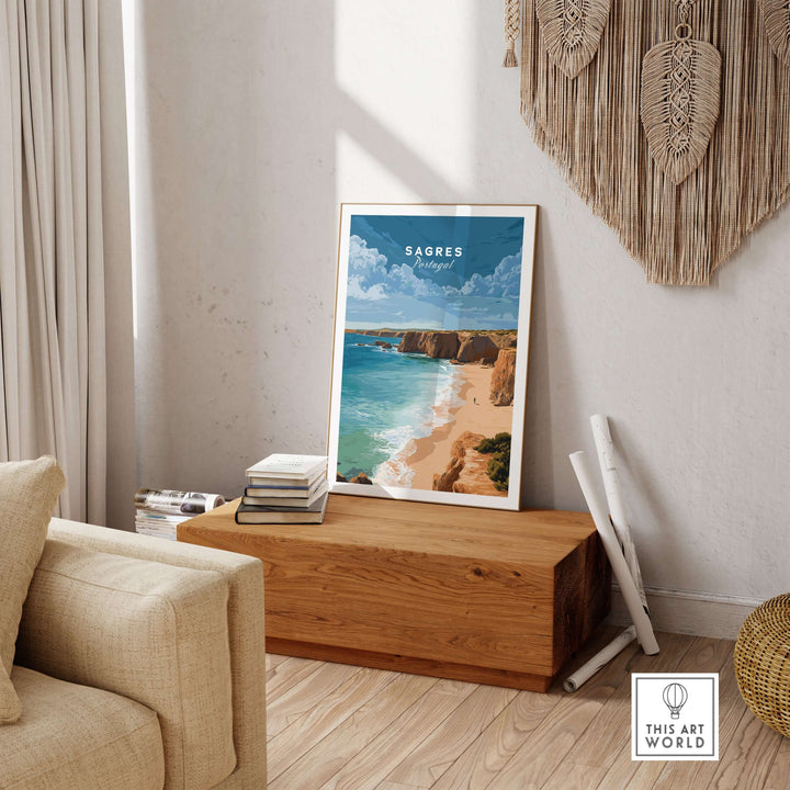 Sagres Praia da Baleeira Seascape Print | Portuguese Beach Poster displayed in a serene living room.