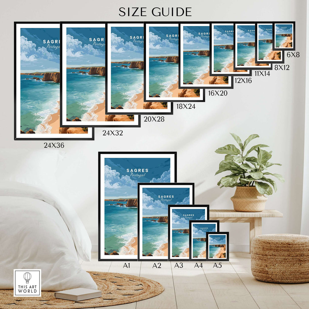 Sagres Praia da Baleeira Seascape Print | Portuguese Beach Poster size guide with various framed prints displayed.