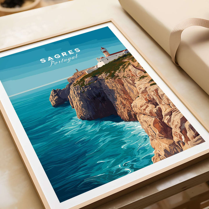 Sagres Wild Algarve Coast View Print | Portuguese Travel Wall Art showcasing cliffs and ocean in a vibrant illustration.