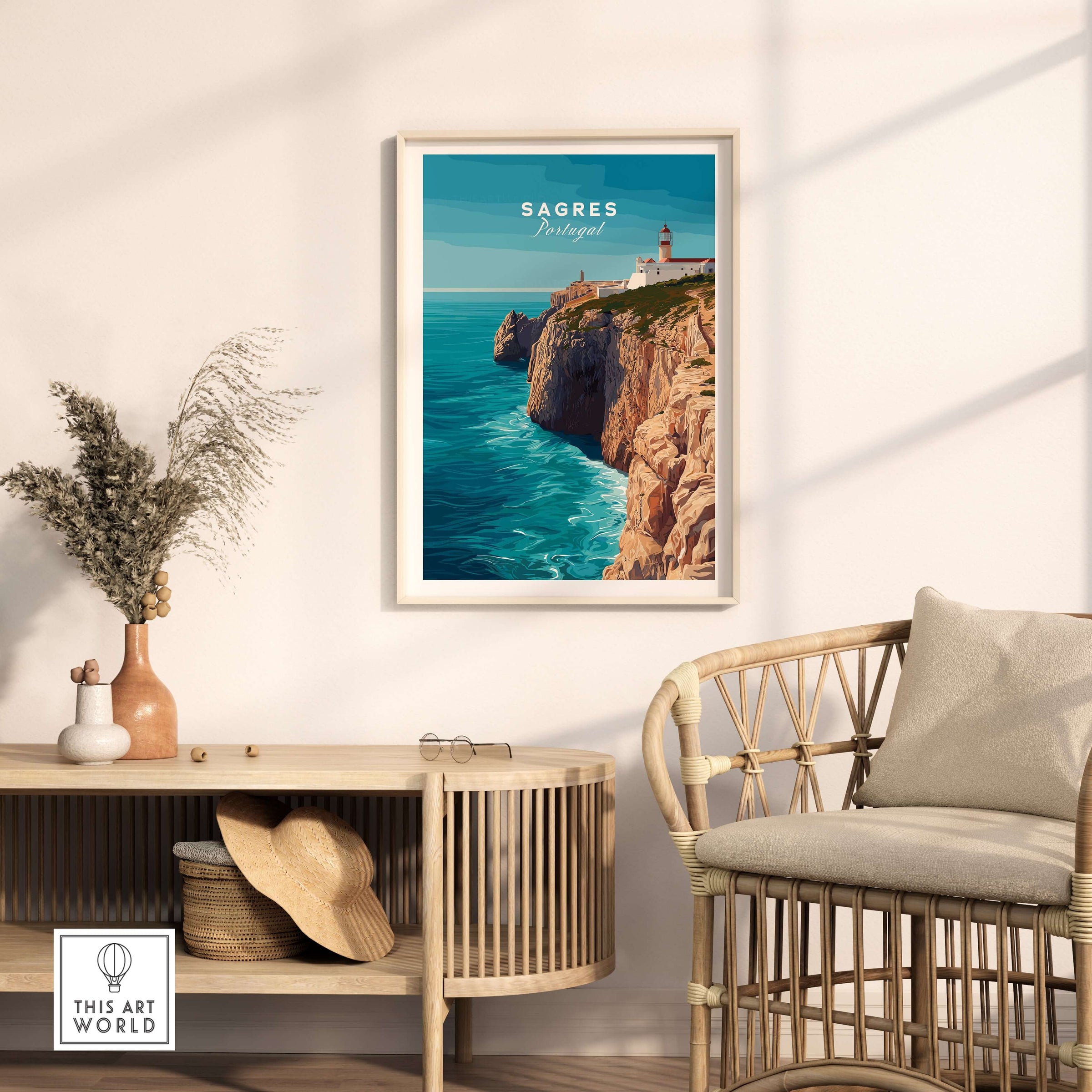Sagres Wild Algarve Coast View Print | Portuguese Travel Wall Art displayed in a stylish living room setting.