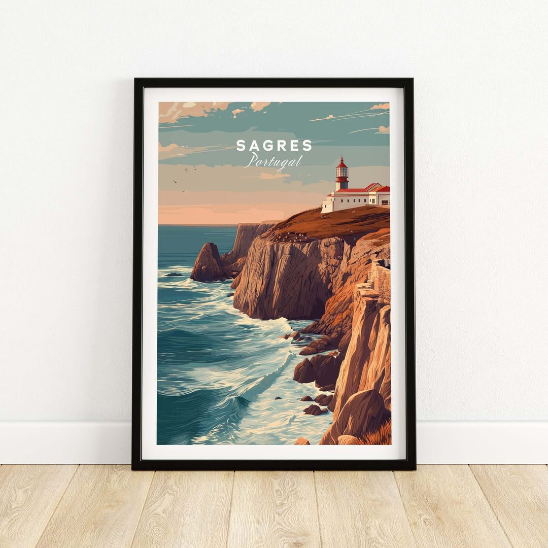 Sagres Poster - Wild Algarve Coastline View Print showcasing cliffs and ocean waves in Portugal
