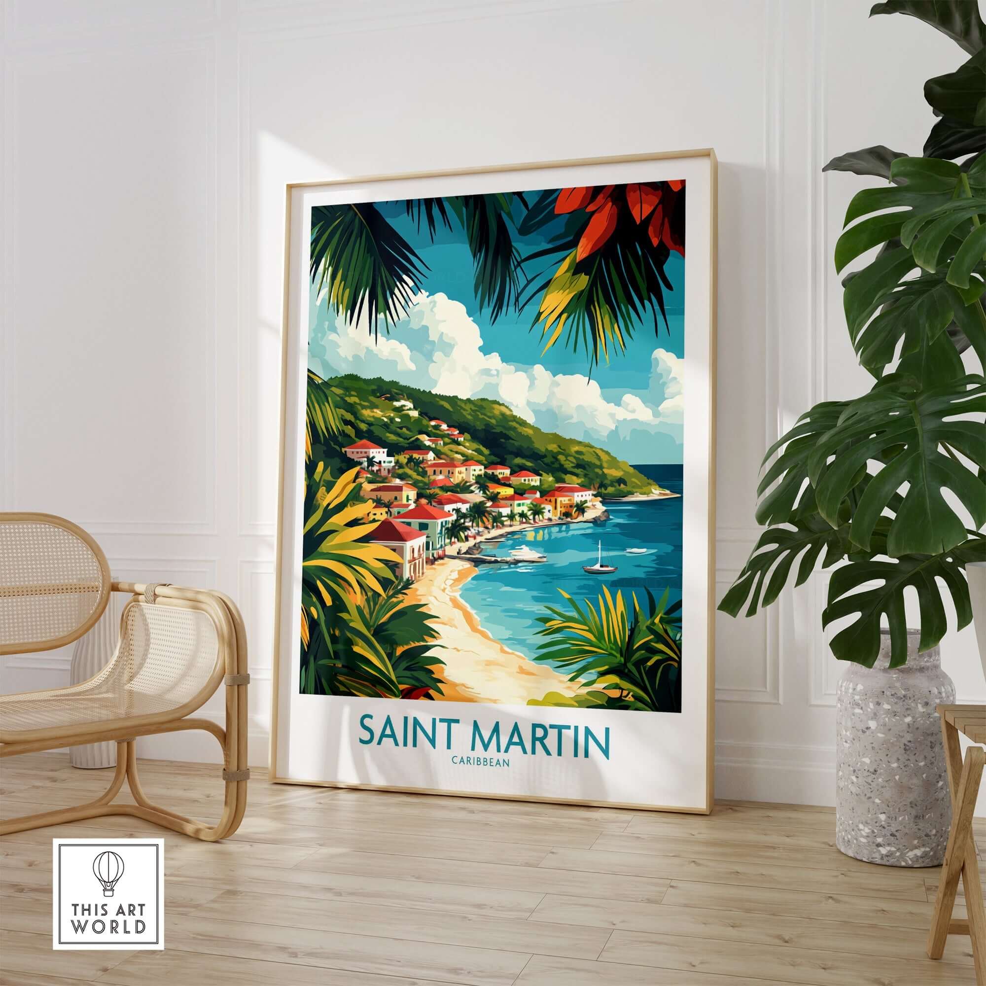 Saint Martin Travel Poster showcasing tropical scenery and Caribbean beauty in a stylish interior setting.