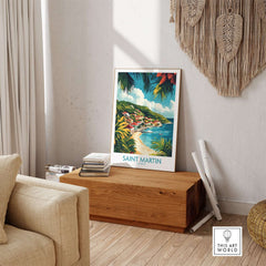 Saint Martin Travel Poster showcasing a tropical beach scene, perfect for wall art and travel enthusiasts.