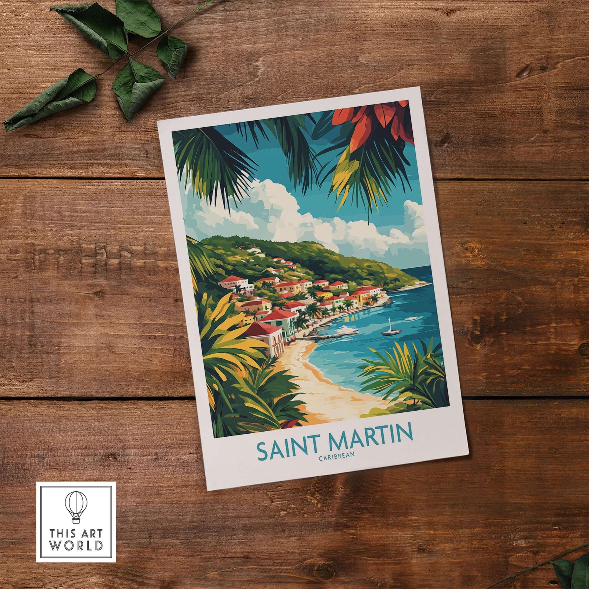 Saint Martin Travel Poster featuring vibrant tropical scenery and beach view, perfect for travel lovers and art enthusiasts.