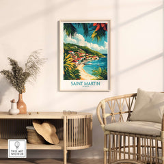 Saint Martin Travel Poster featuring a tropical beach scene with vibrant colors and coastal town views