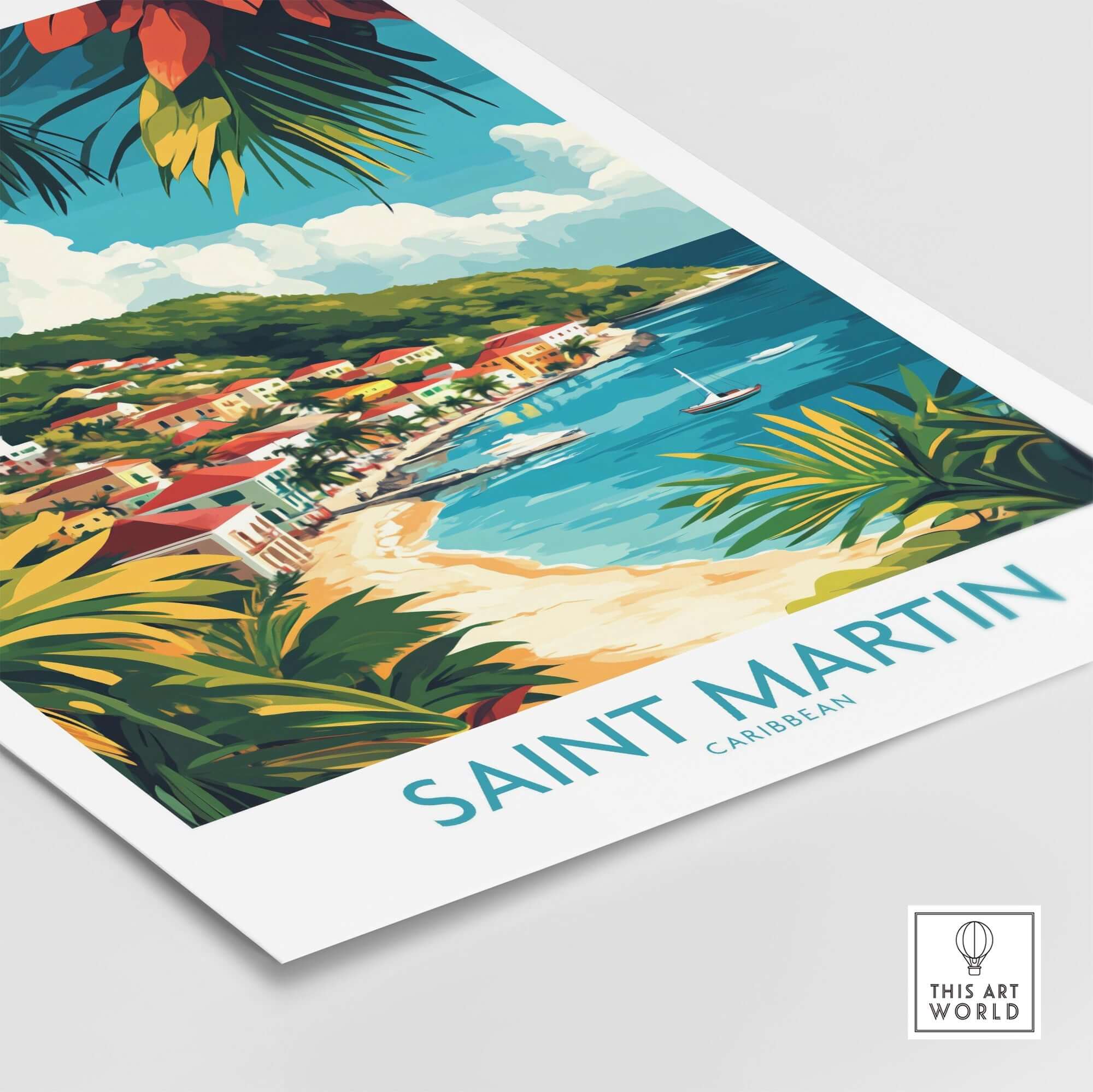 Saint Martin Travel Poster showcasing tropical beach, vibrant colors, and Caribbean scenery.