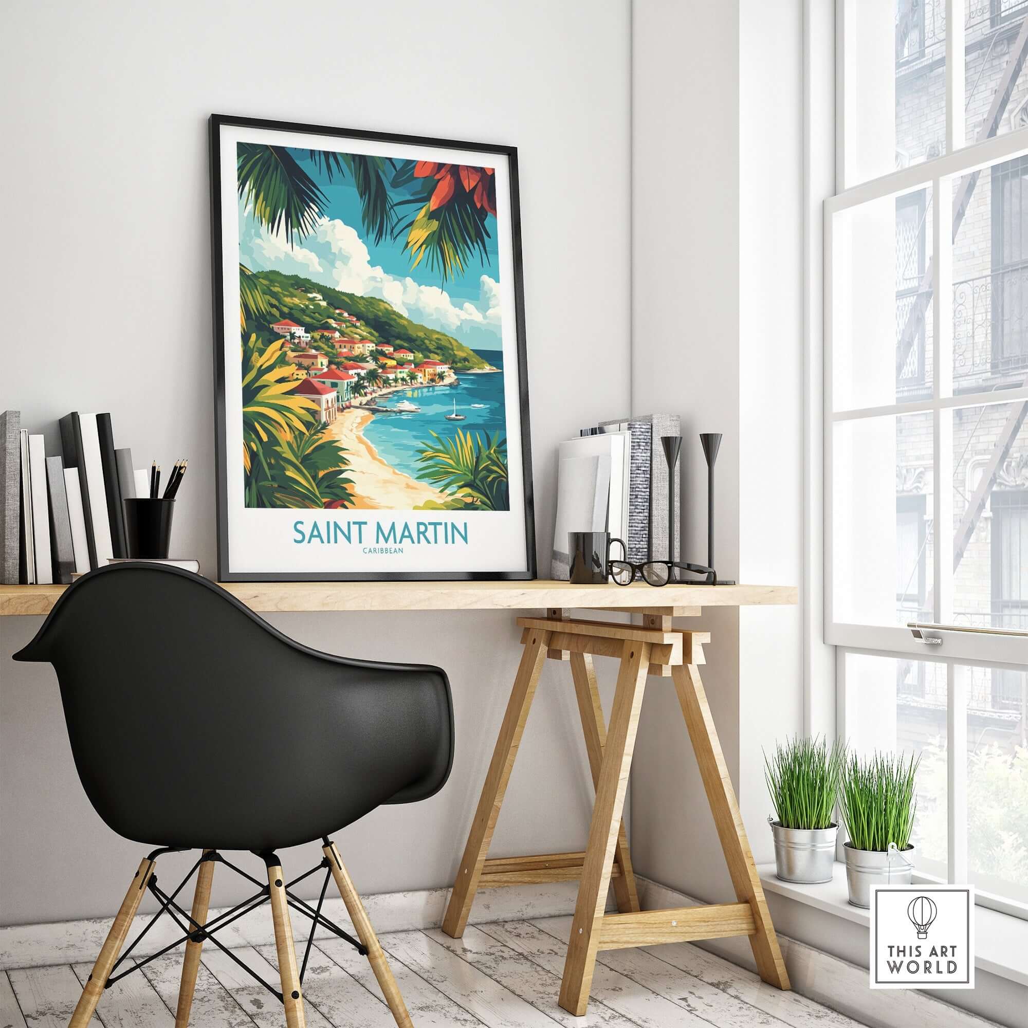 Saint Martin Travel Poster displayed in a modern workspace, showcasing tropical landscape and vibrant colors.