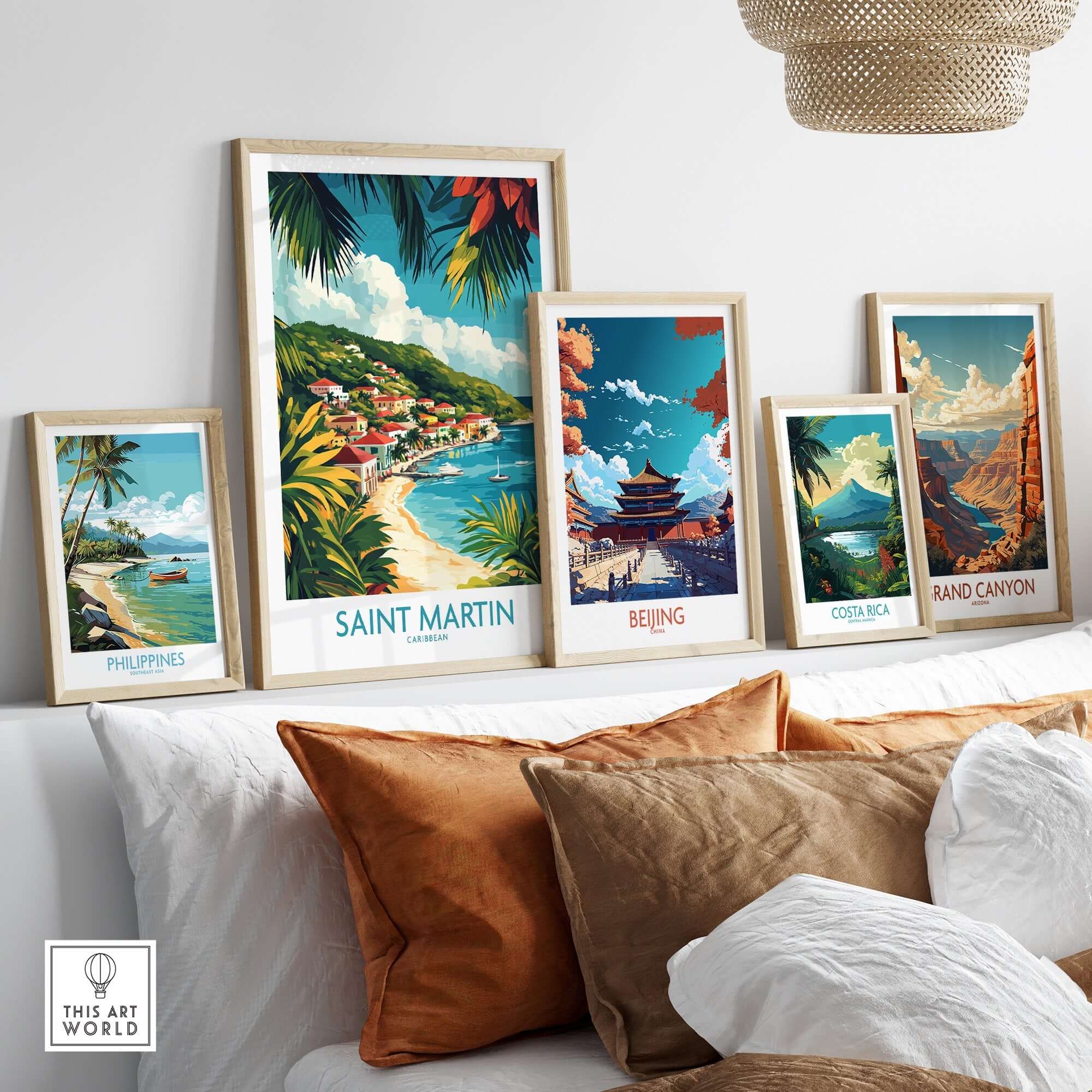 Saint Martin Travel Poster displayed among other travel art prints in a cozy interior setting.