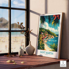Saint Martin Travel Poster featuring a picturesque tropical scene and vibrant colors, ideal for travel enthusiasts.