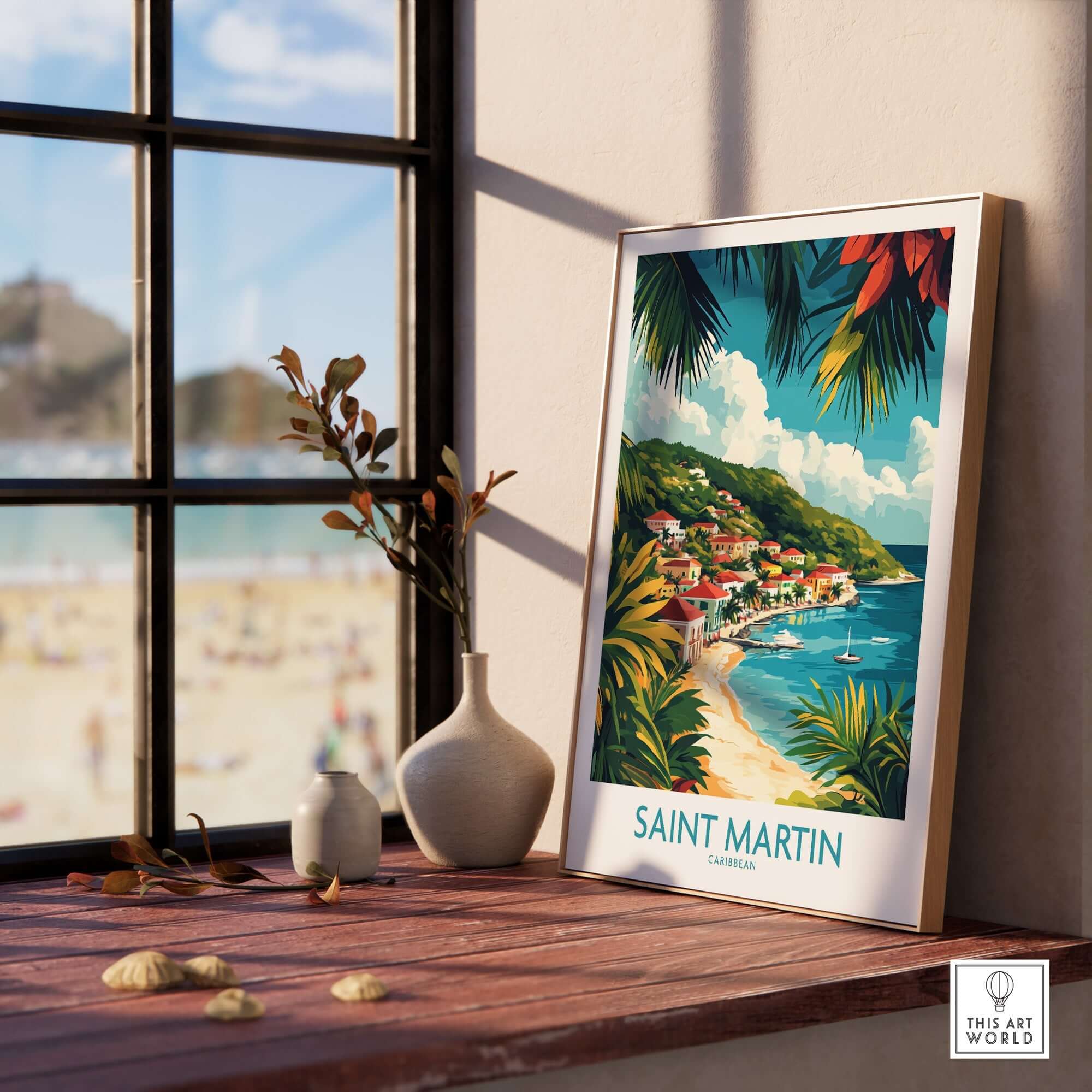 Saint Martin Travel Poster featuring a picturesque tropical scene and vibrant colors, ideal for travel enthusiasts.