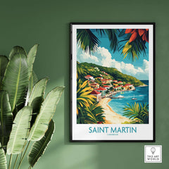 Saint Martin Travel Poster showcasing a tropical beach scene with vibrant greenery and serene blue waters.