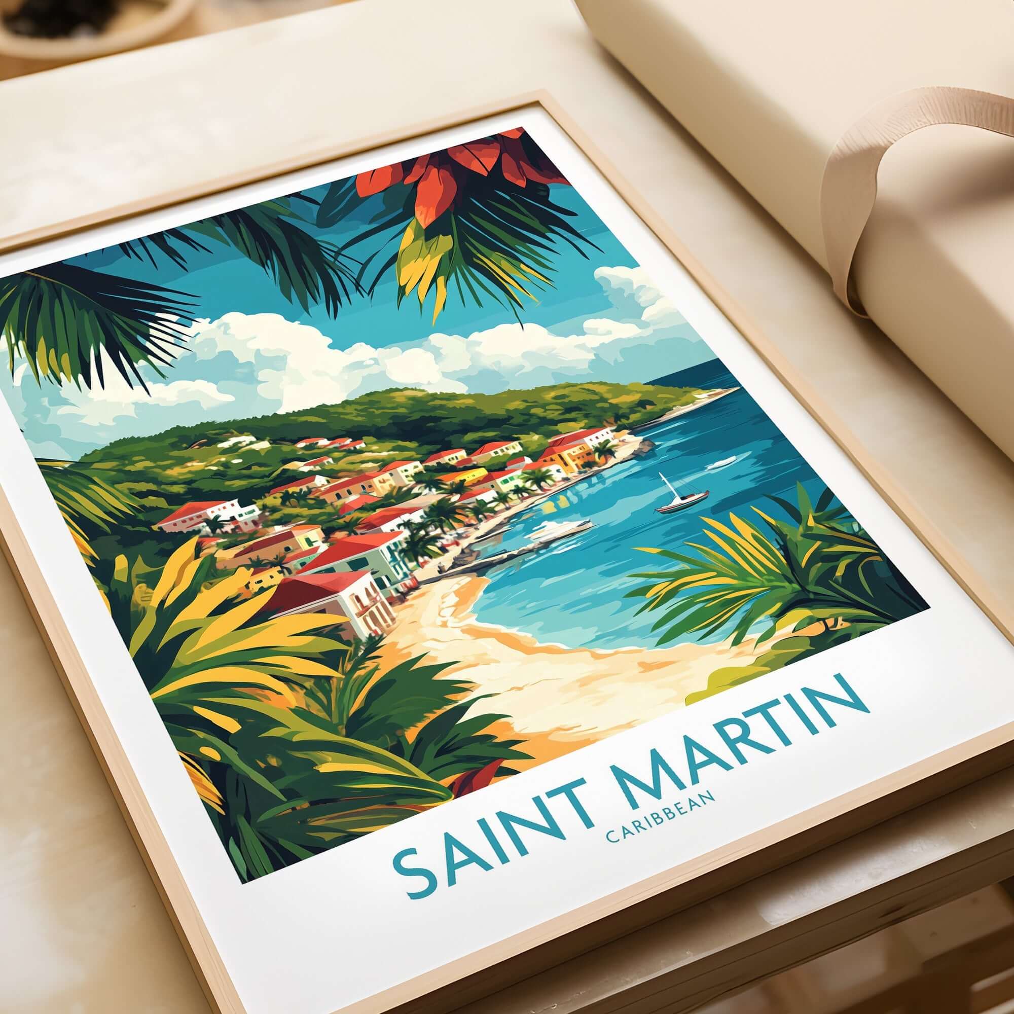 Saint Martin Travel Poster featuring a vibrant tropical scene of beaches and lush landscapes in the Caribbean.