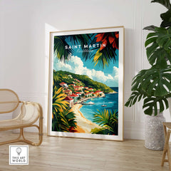 Saint Martin Travel Print showcasing vibrant landscape and coastal charm in a stylish interior setting.