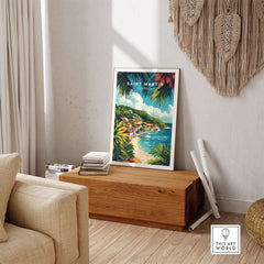 Saint Martin Travel Print showcasing vibrant colors and the beauty of the Caribbean landscape in a cozy living space.