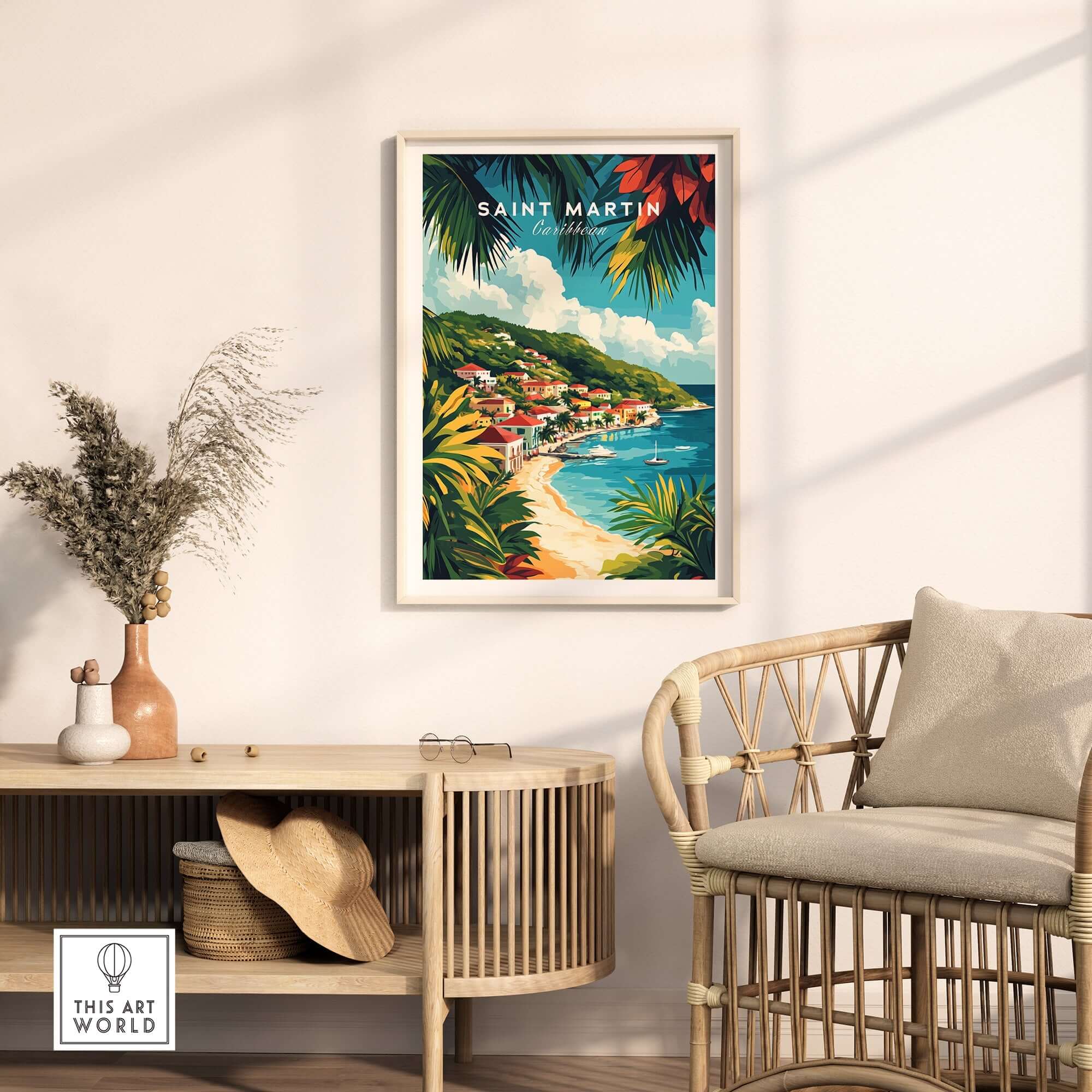 Saint Martin Travel Print showcasing vibrant colors and island charm in a stylish home setting.