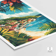 Saint Martin Travel Print showcasing a stunning beach and vibrant vegetation of the Caribbean island.