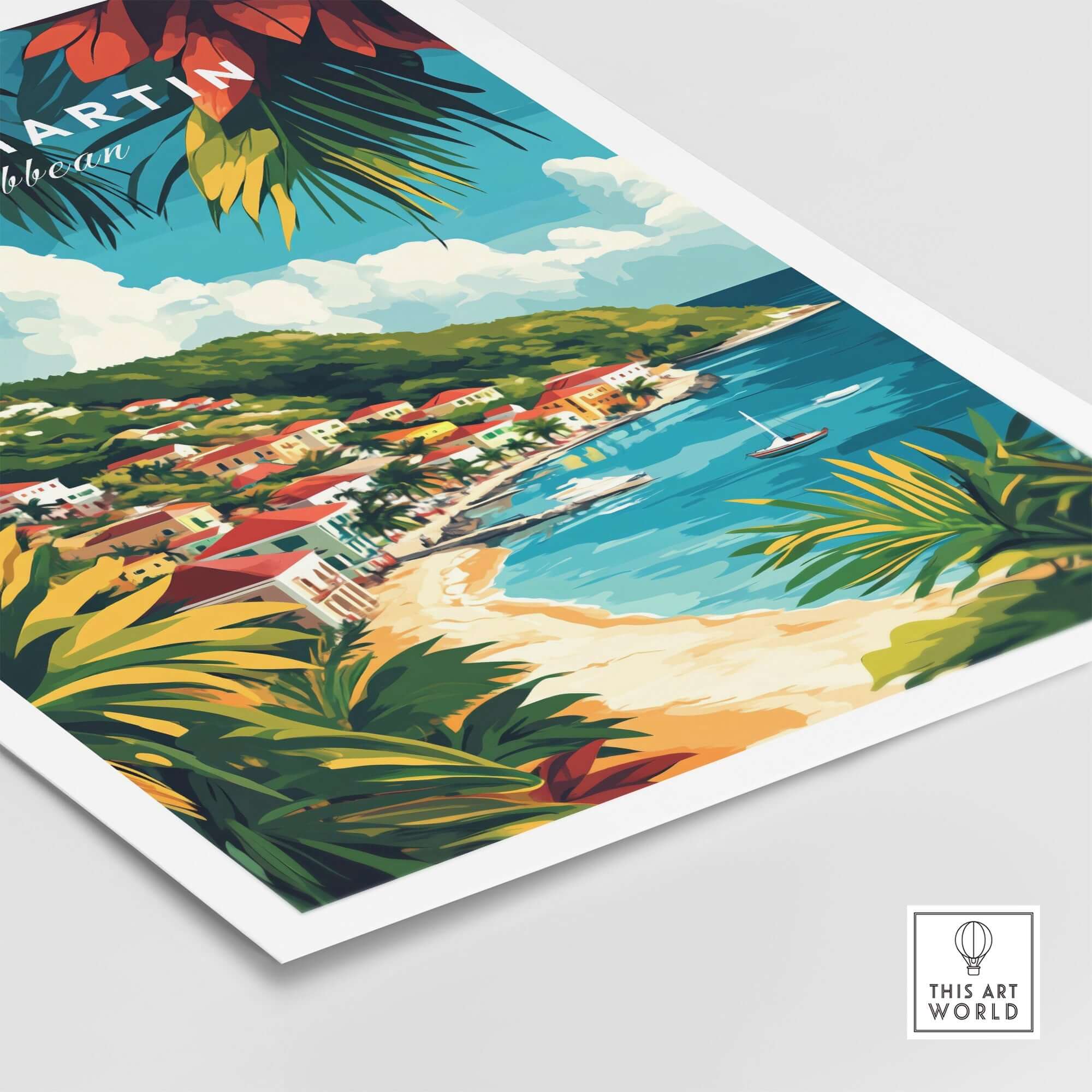 Saint Martin Travel Print showcasing a stunning beach and vibrant vegetation of the Caribbean island.