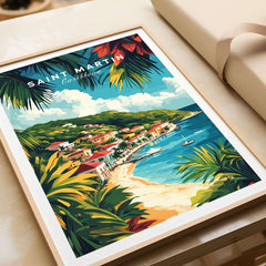 Saint Martin Travel Print featuring vibrant colors and island charm, perfect for home or office decor.