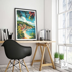Saint Martin Travel Print displayed in a stylish office setting, highlighting vibrant colors and island charm.
