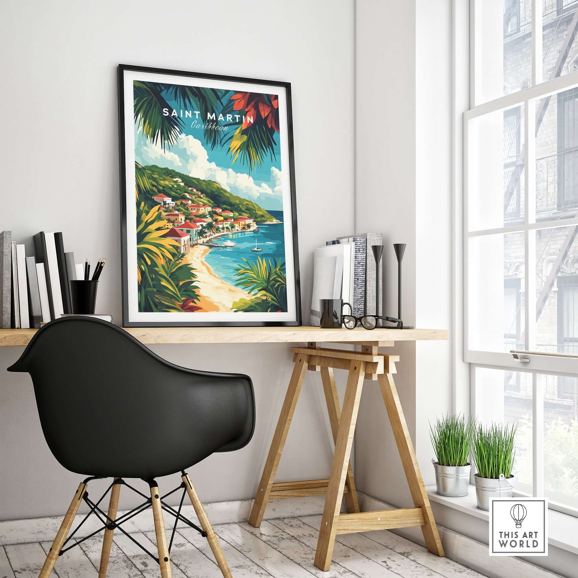 Saint Martin Travel Print displayed in a stylish office setting, highlighting vibrant colors and island charm.