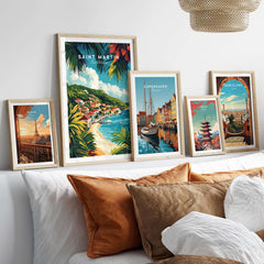 Saint Martin Travel Print featured among vibrant travel posters, showcasing Caribbean charm and wanderlust inspiration.